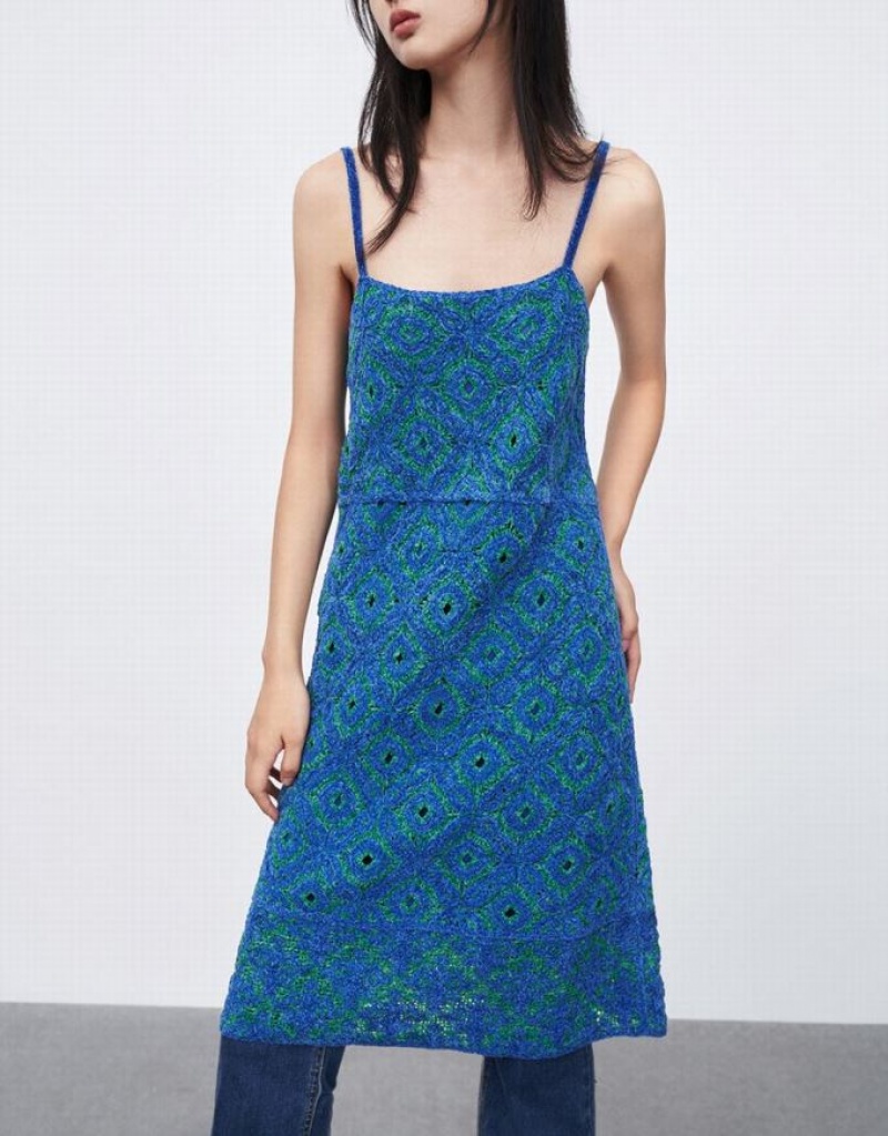 Blue Urban Revivo Sleeveless Off-Shoulder Women's Knitted Dress | 21578CAPI