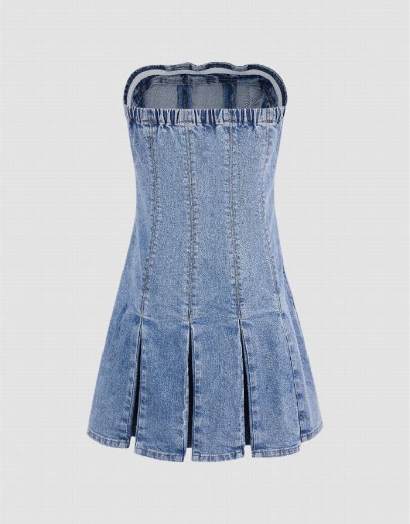 Blue Urban Revivo Sleeveless Off-Shoulder Women's Denim Dress | 14053TUAF