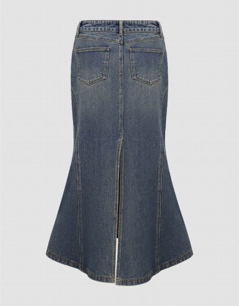 Blue Urban Revivo Split Hem Midi Fishtail Women's Denim Skirt | 58941RTVD