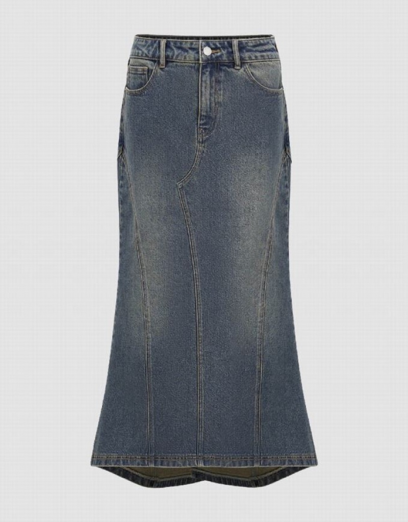 Blue Urban Revivo Split Hem Midi Fishtail Women\'s Denim Skirt | 58941RTVD