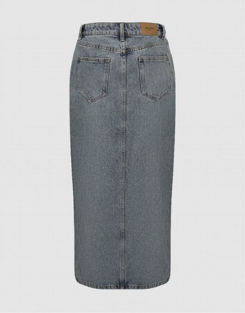 Blue Urban Revivo Split Hem Midi Straight Women's Denim Skirt | 51362BJRK