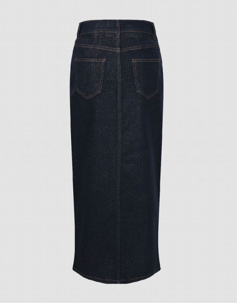 Blue Urban Revivo Split Hem Midi Women's Denim Skirt | 49037WHVX