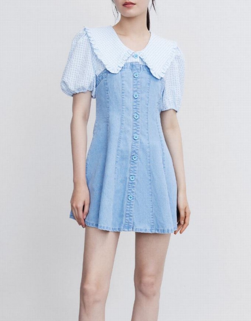 Blue Urban Revivo Statement Collar Button Front Spliced Women's Denim Dress | 67204HXFM