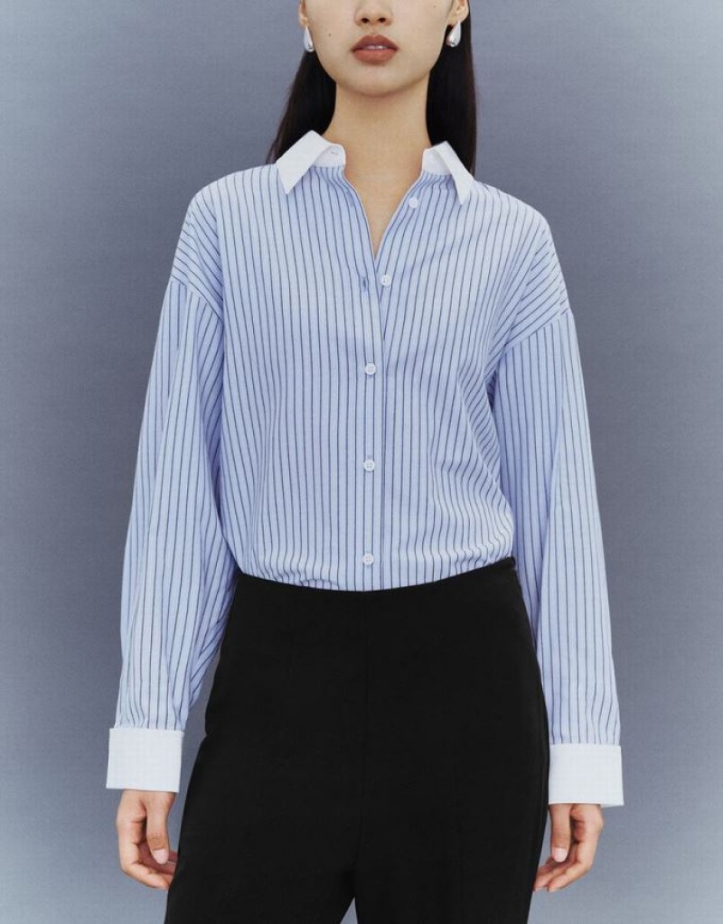 Blue Urban Revivo Striped Button Up Lapel Women's Shirts | 45301ZKPF