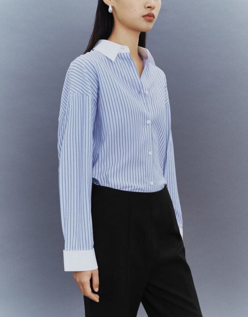 Blue Urban Revivo Striped Button Up Lapel Women's Shirts | 45301ZKPF