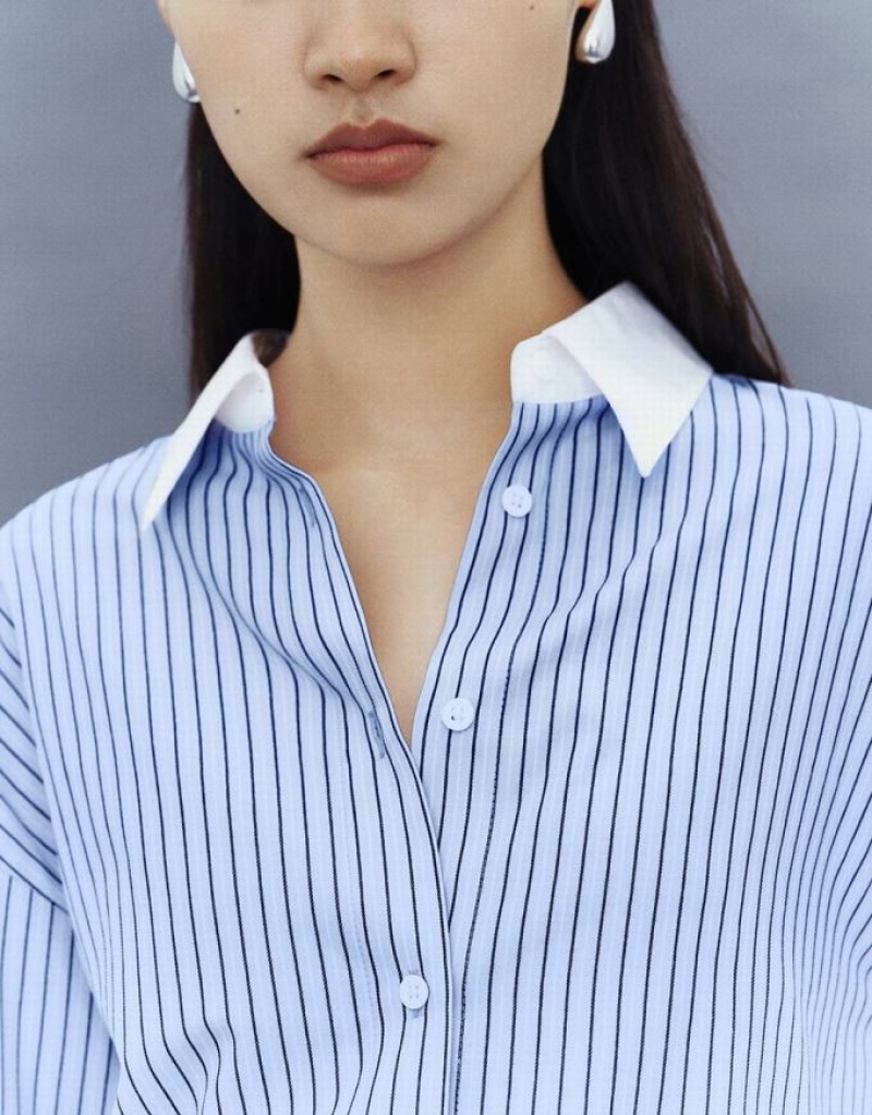 Blue Urban Revivo Striped Button Up Lapel Women's Shirts | 45301ZKPF