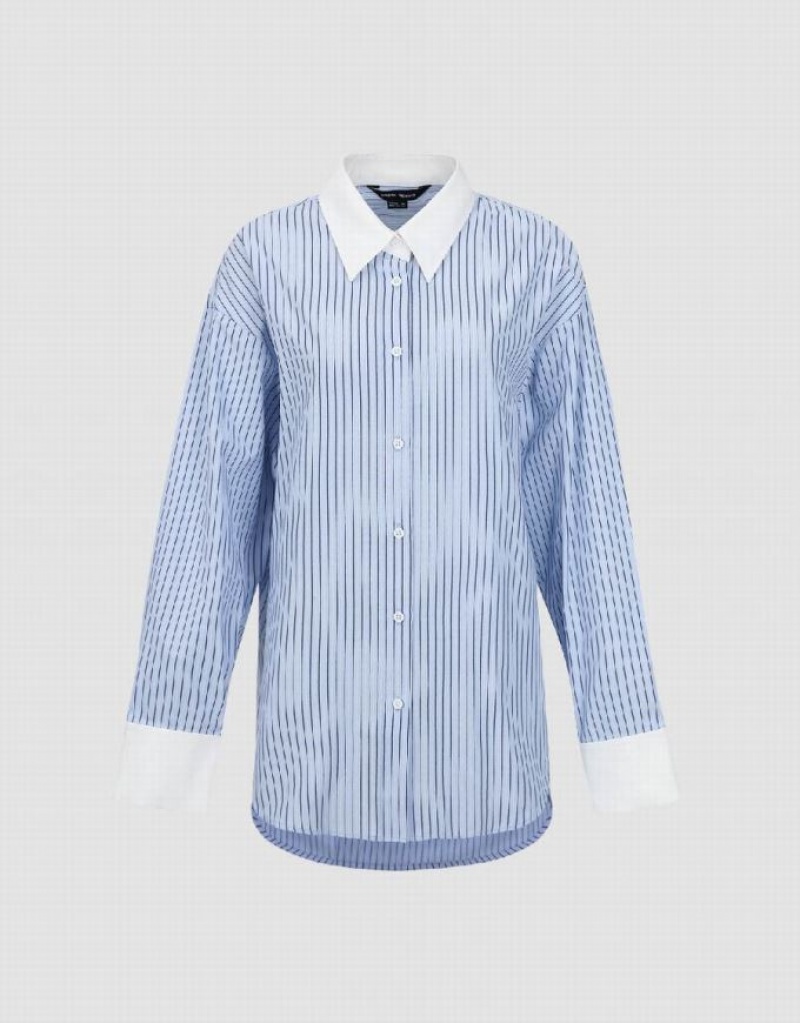 Blue Urban Revivo Striped Button Up Lapel Women\'s Shirts | 45301ZKPF