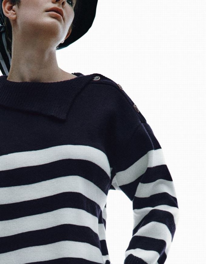 Blue Urban Revivo Striped Knitted Women's Cardigan | 93120ZLJY