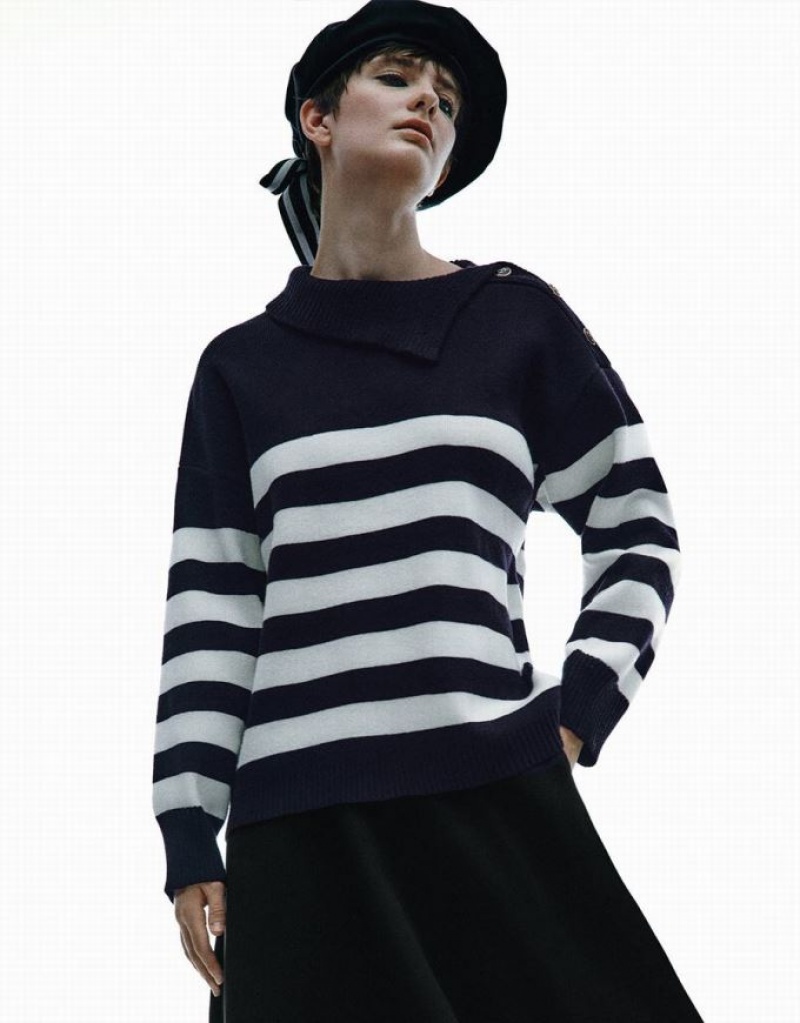 Blue Urban Revivo Striped Knitted Women\'s Cardigan | 93120ZLJY