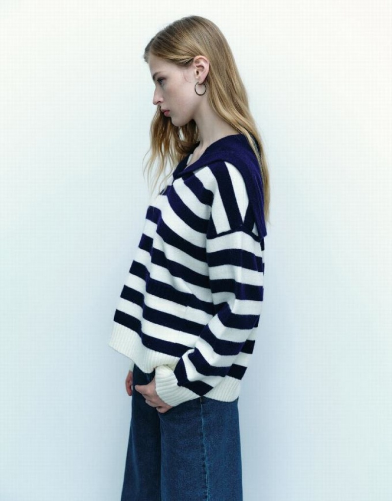 Blue Urban Revivo Striped Lapel Knitted Women's Cardigan | 01358GIND