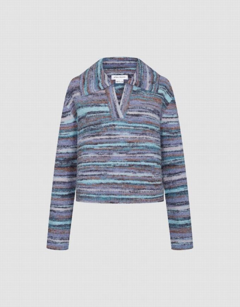 Blue Urban Revivo Striped Lapel Knitted Women's Cardigan | 02561YOTU