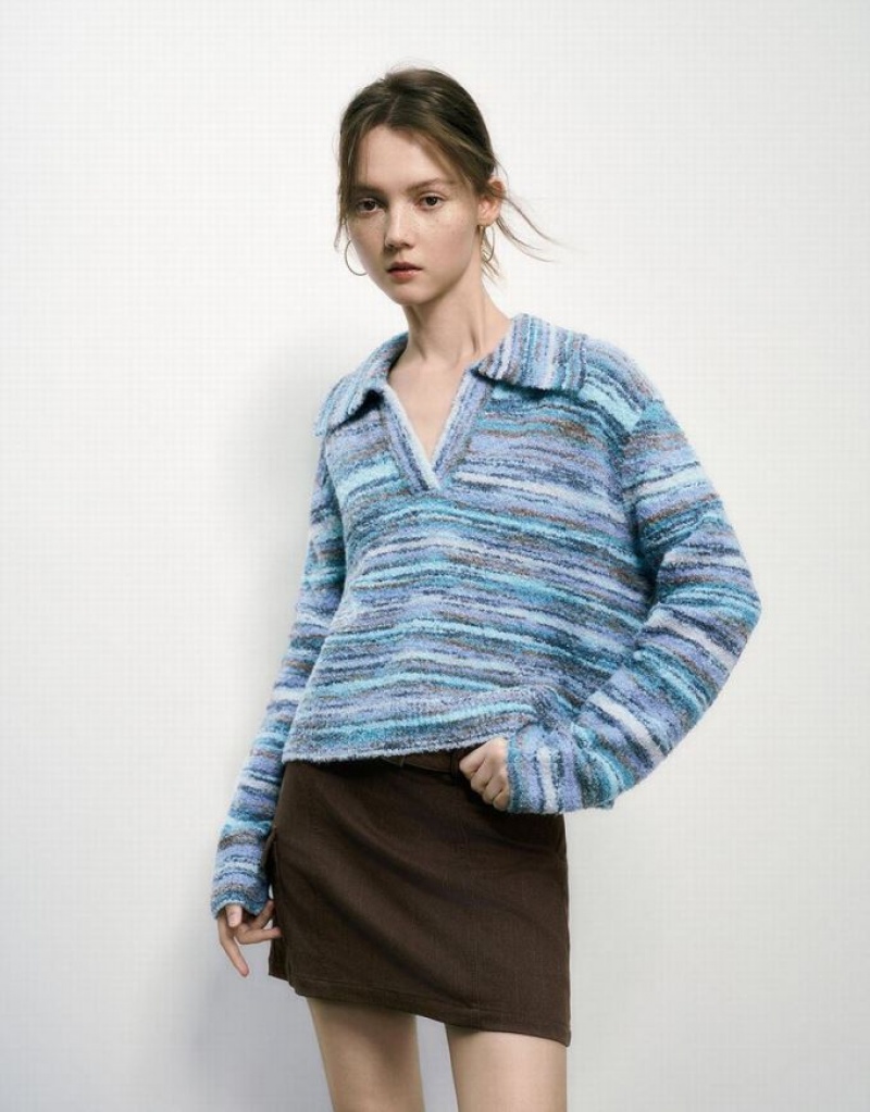 Blue Urban Revivo Striped Lapel Knitted Women's Cardigan | 02561YOTU