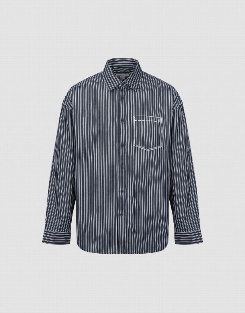 Blue Urban Revivo Striped Loose Men's Shirts | 90148ZTVI