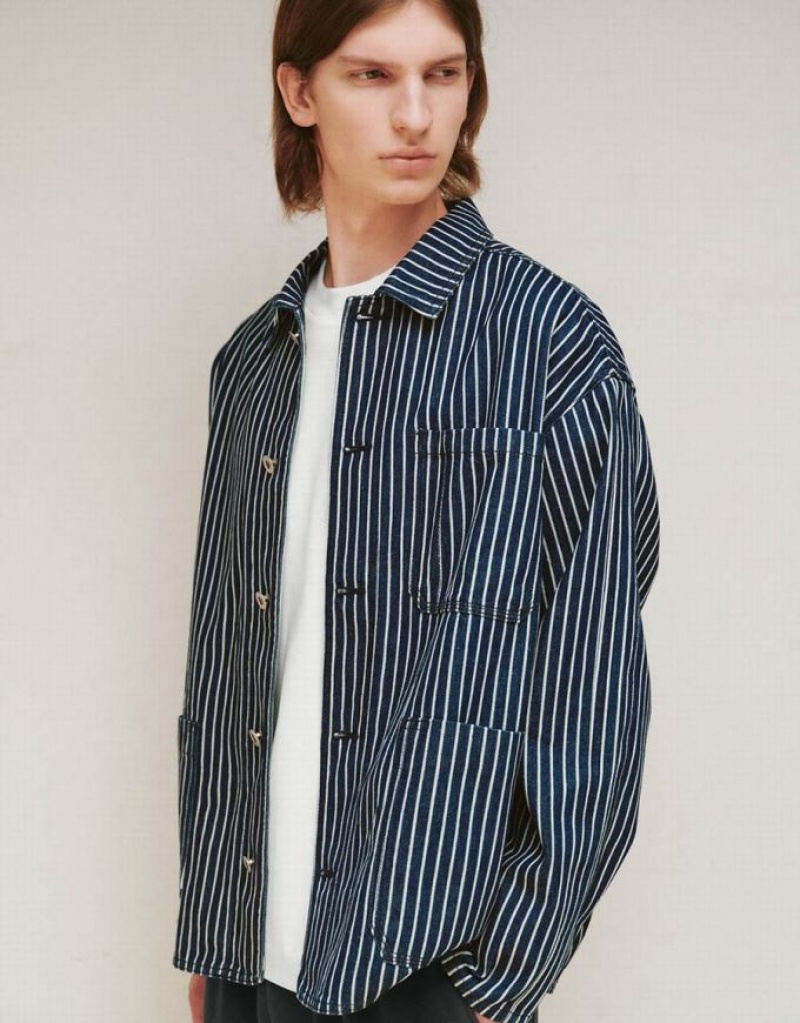 Blue Urban Revivo Striped Men's Denim Jackets | 82479JKNC