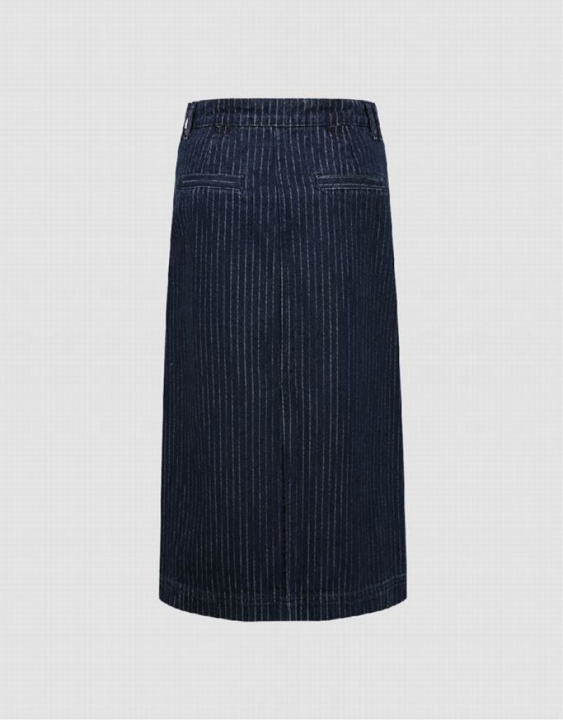 Blue Urban Revivo Striped Midi Straight Women's Denim Skirt | 53987HARD