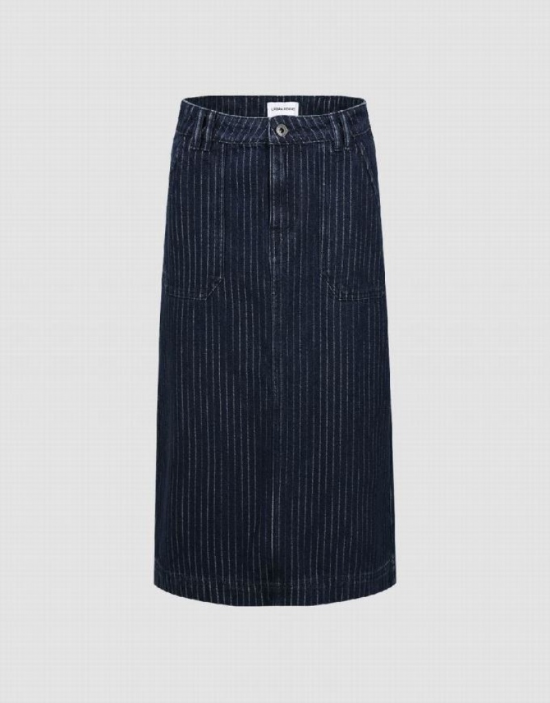 Blue Urban Revivo Striped Midi Straight Women\'s Denim Skirt | 53987HARD