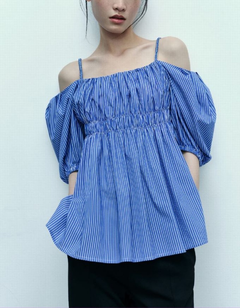 Blue Urban Revivo Striped Off-Shoulder Women's Camisole | 03198TONI