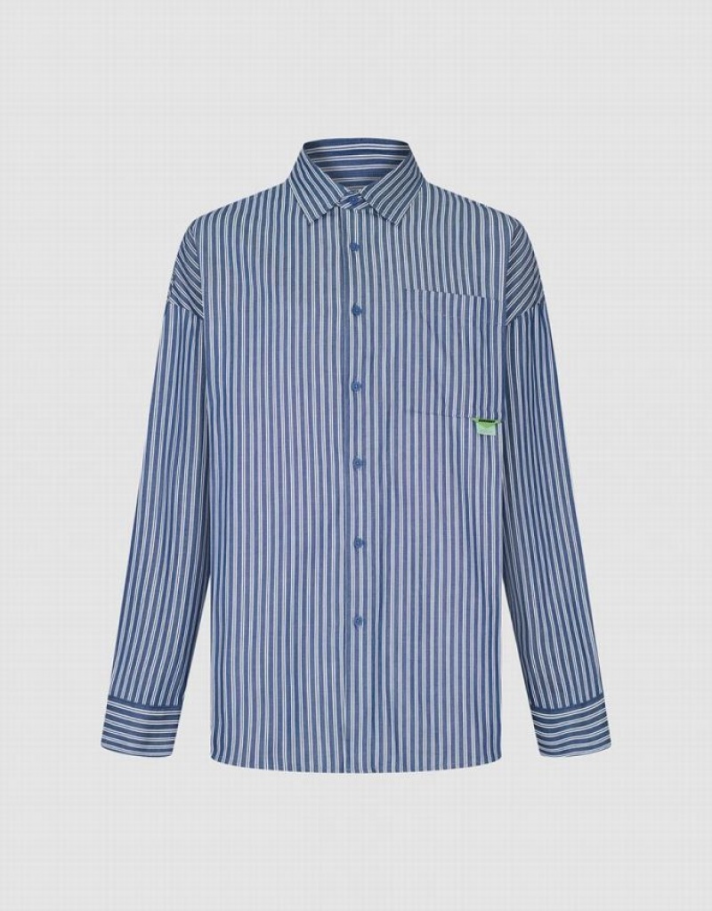 Blue Urban Revivo Striped Oversized Men's Shirts | 07219AWRI