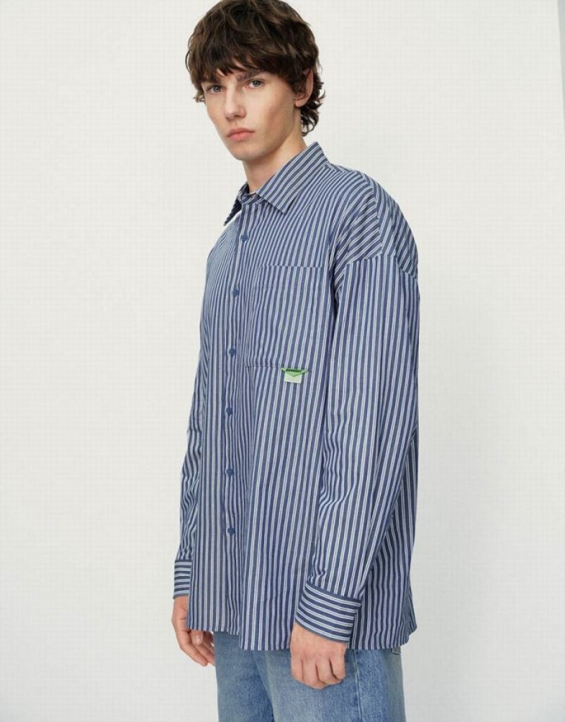 Blue Urban Revivo Striped Oversized Men's Shirts | 07219AWRI