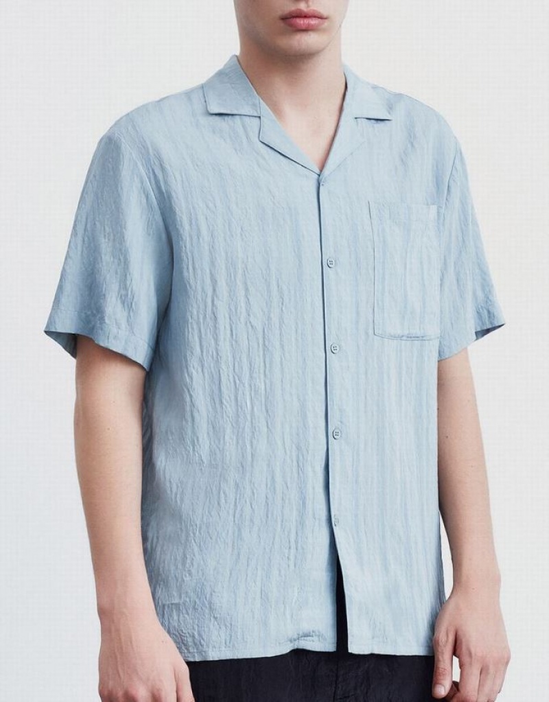 Blue Urban Revivo Striped Short Sleeve Men's Shirts | 35107BHXC