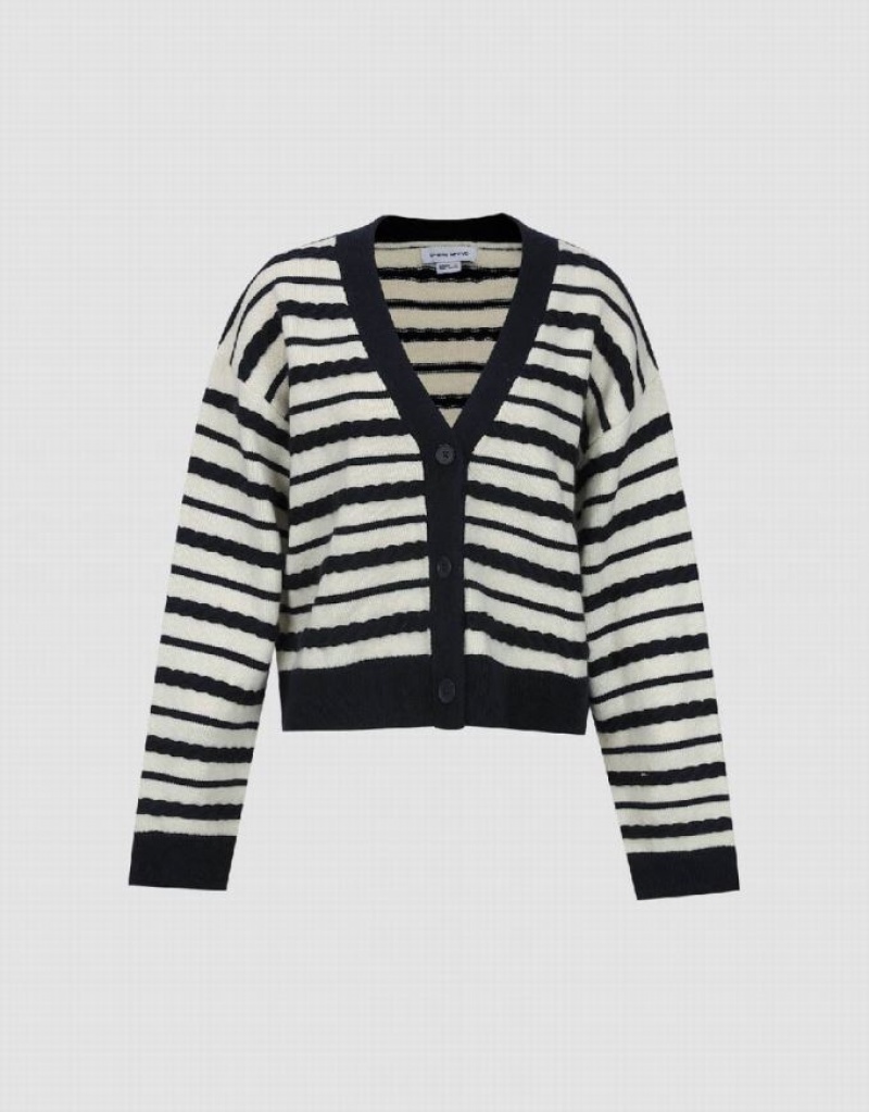 Blue Urban Revivo Striped V-Neck Knitted Women's Cardigan | 86923GAUJ