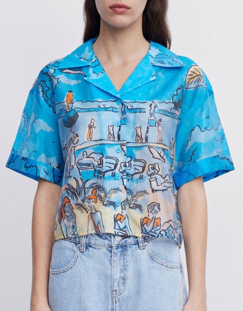 Blue Urban Revivo Summer Landscape Women's Shirts | 72689BSIJ