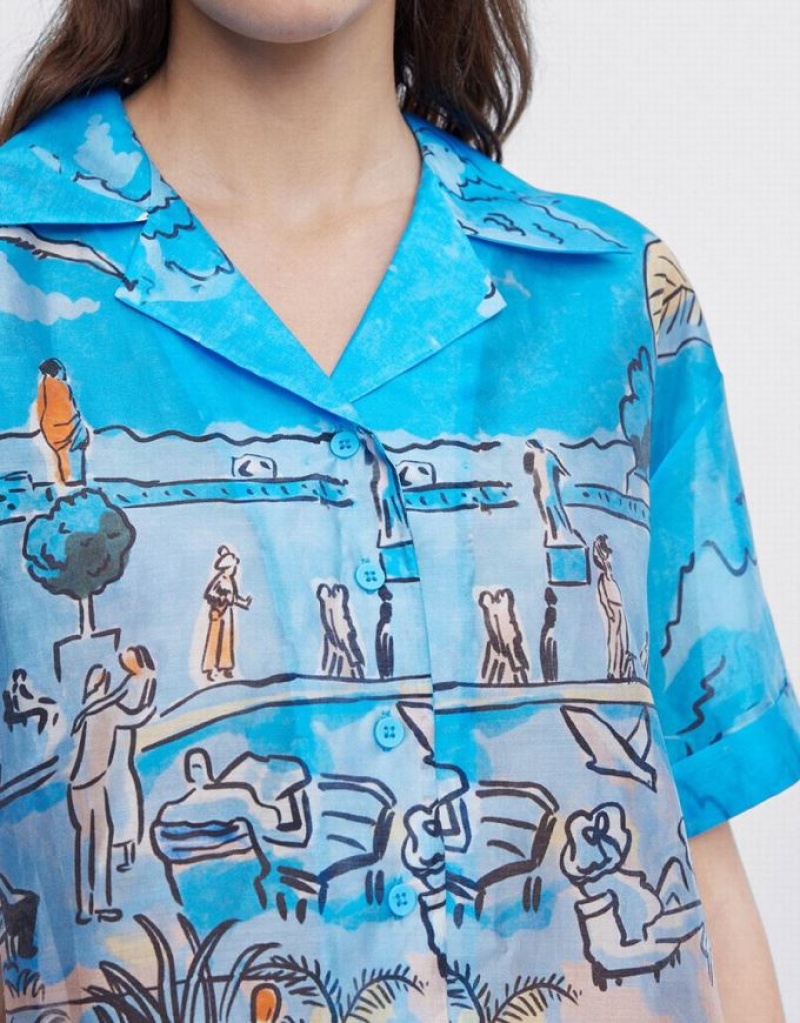 Blue Urban Revivo Summer Landscape Women's Shirts | 72689BSIJ