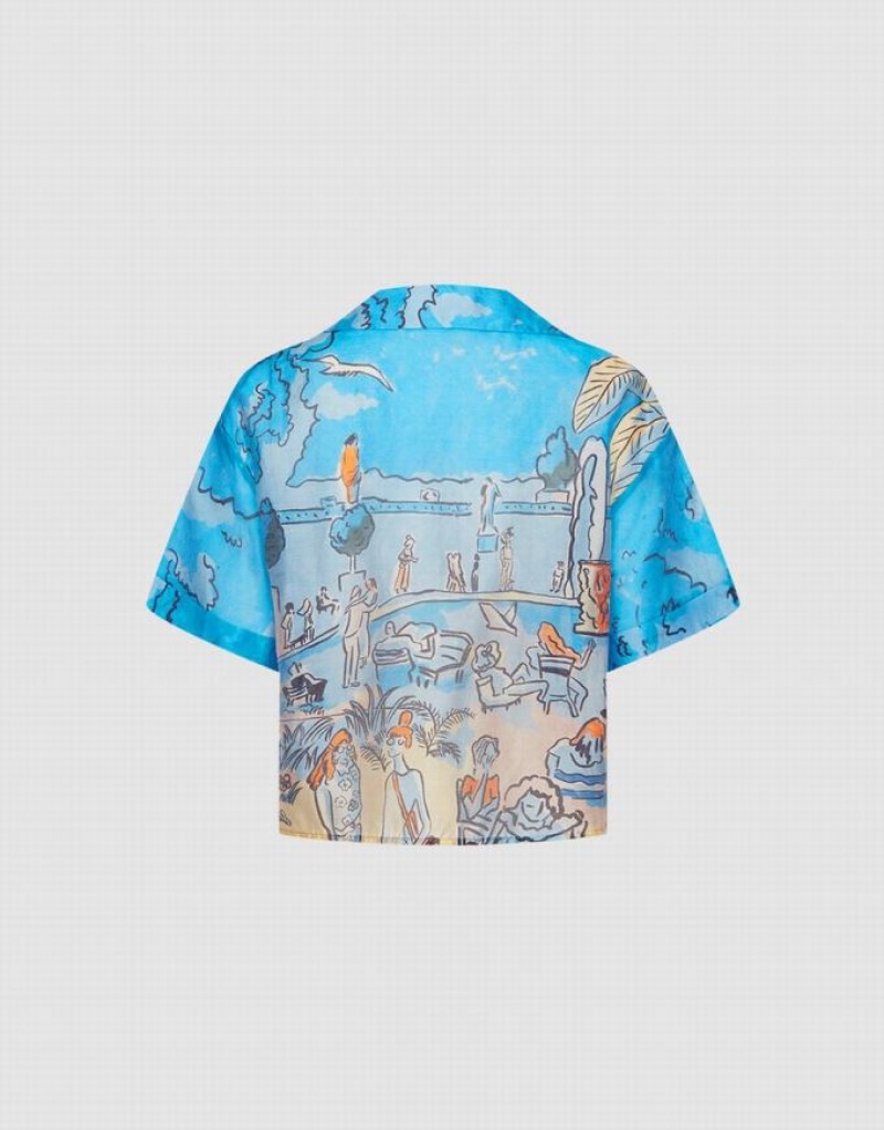 Blue Urban Revivo Summer Landscape Women's Shirts | 72689BSIJ