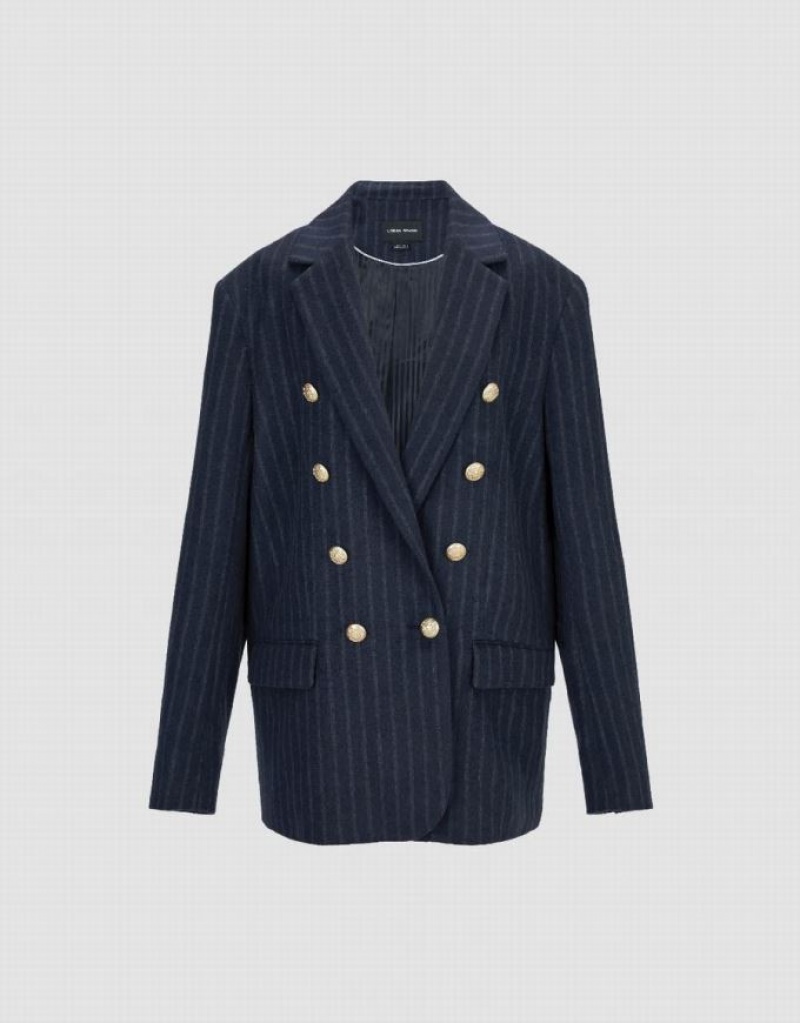 Blue Urban Revivo Tailored Striped Notch Lapel Women's Blazers | 30184HKVZ