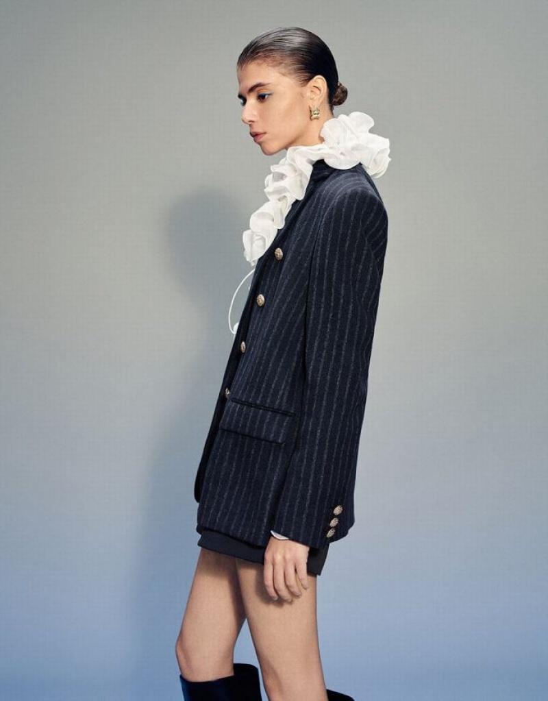 Blue Urban Revivo Tailored Striped Notch Lapel Women's Blazers | 30184HKVZ