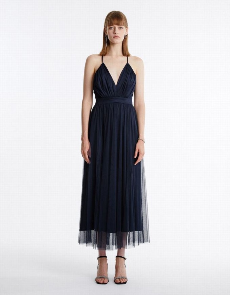 Blue Urban Revivo Tulle Maxi Women\'s Maxi Dress | 67394RKML