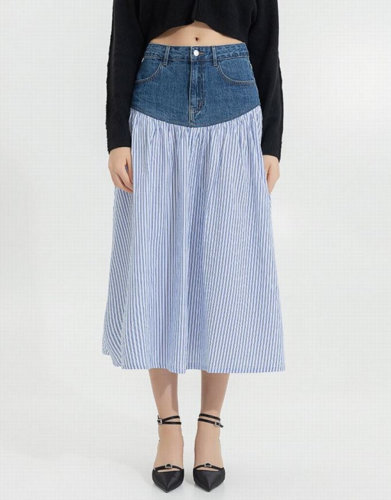 Blue Urban Revivo Two Toned A-Line Women's Denim Skirt | 81352IYWQ