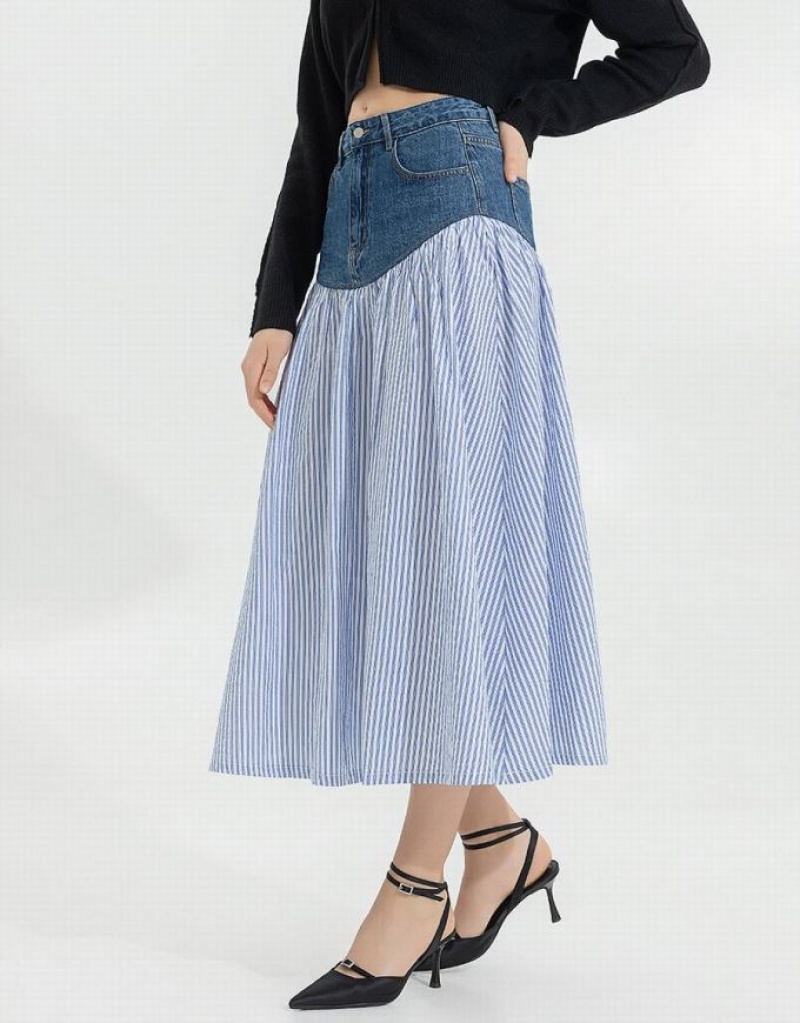 Blue Urban Revivo Two Toned A-Line Women's Denim Skirt | 81352IYWQ