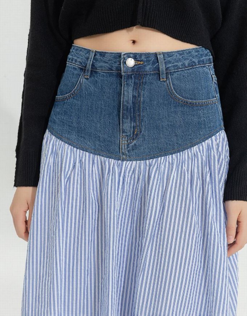 Blue Urban Revivo Two Toned A-Line Women's Denim Skirt | 81352IYWQ