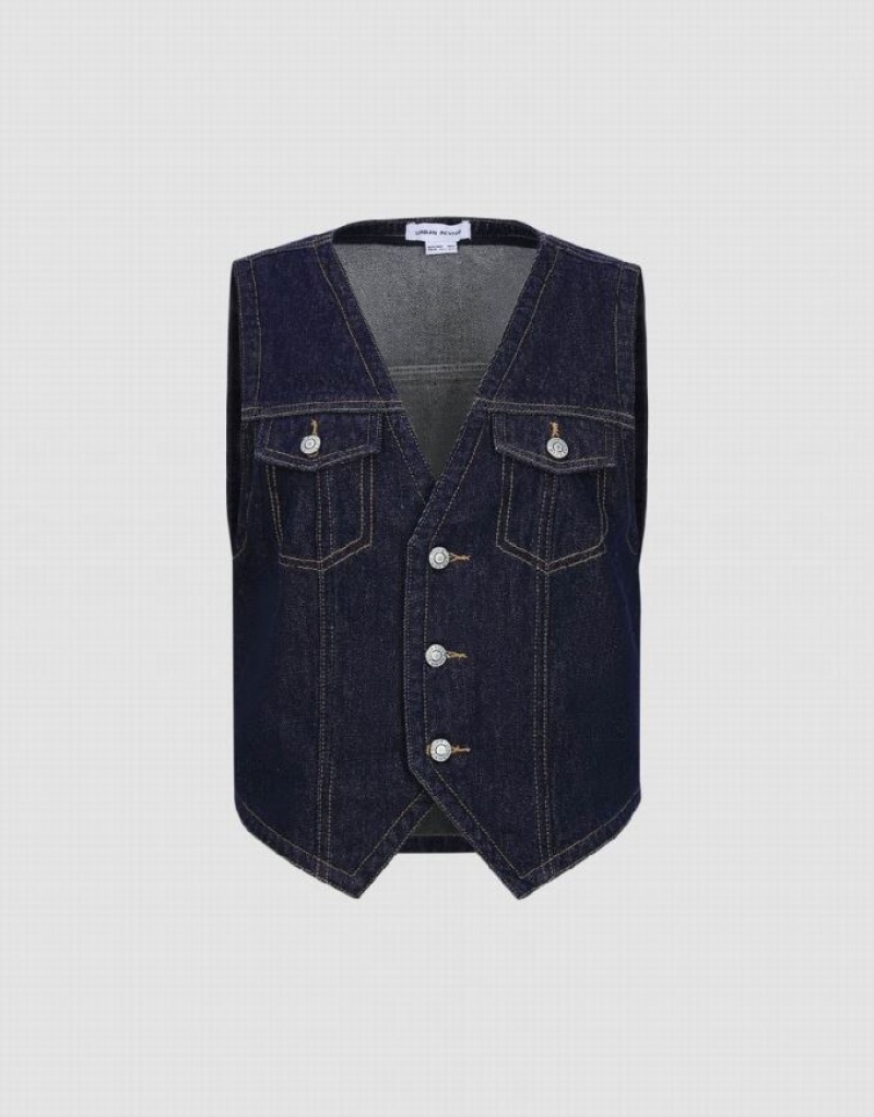 Blue Urban Revivo V-Neck Denim Waistcoat Women's Shirts | 64109TSHG