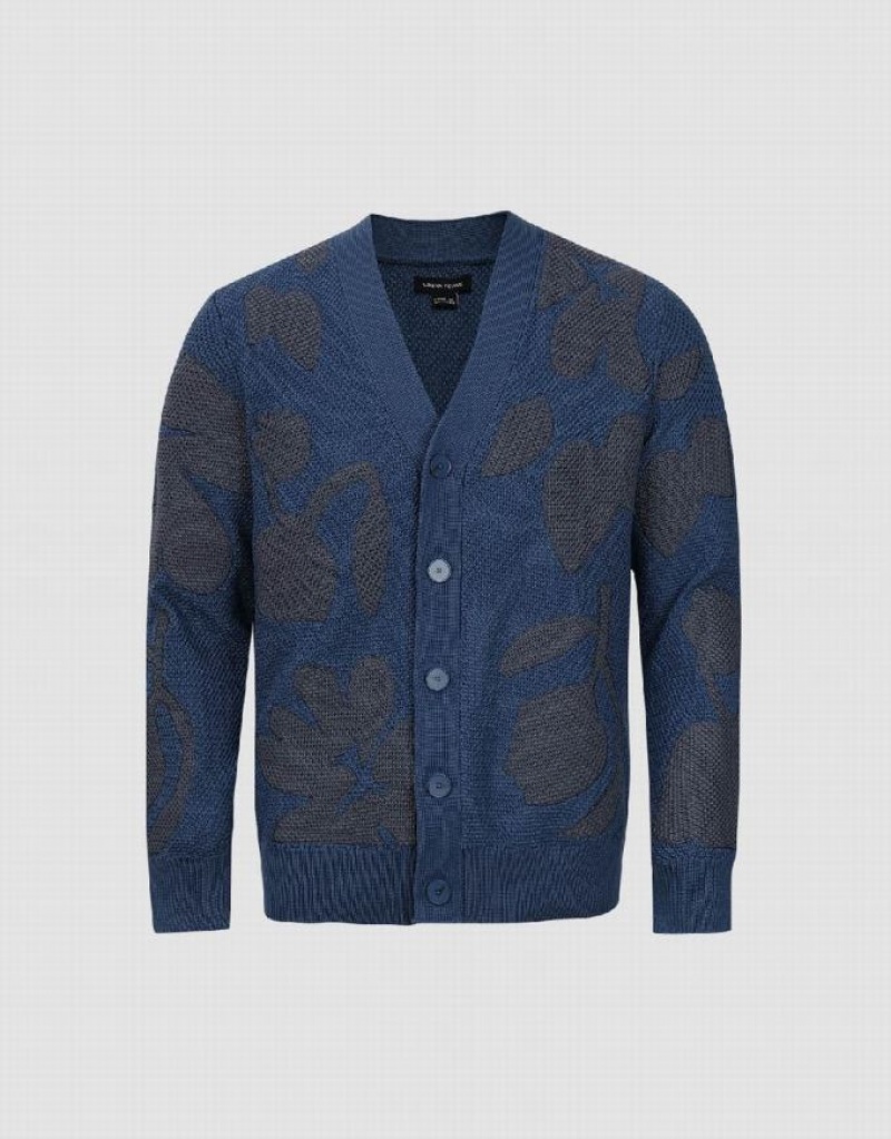 Blue Urban Revivo V-Neck Knitted Men's Cardigan | 68973XOMZ