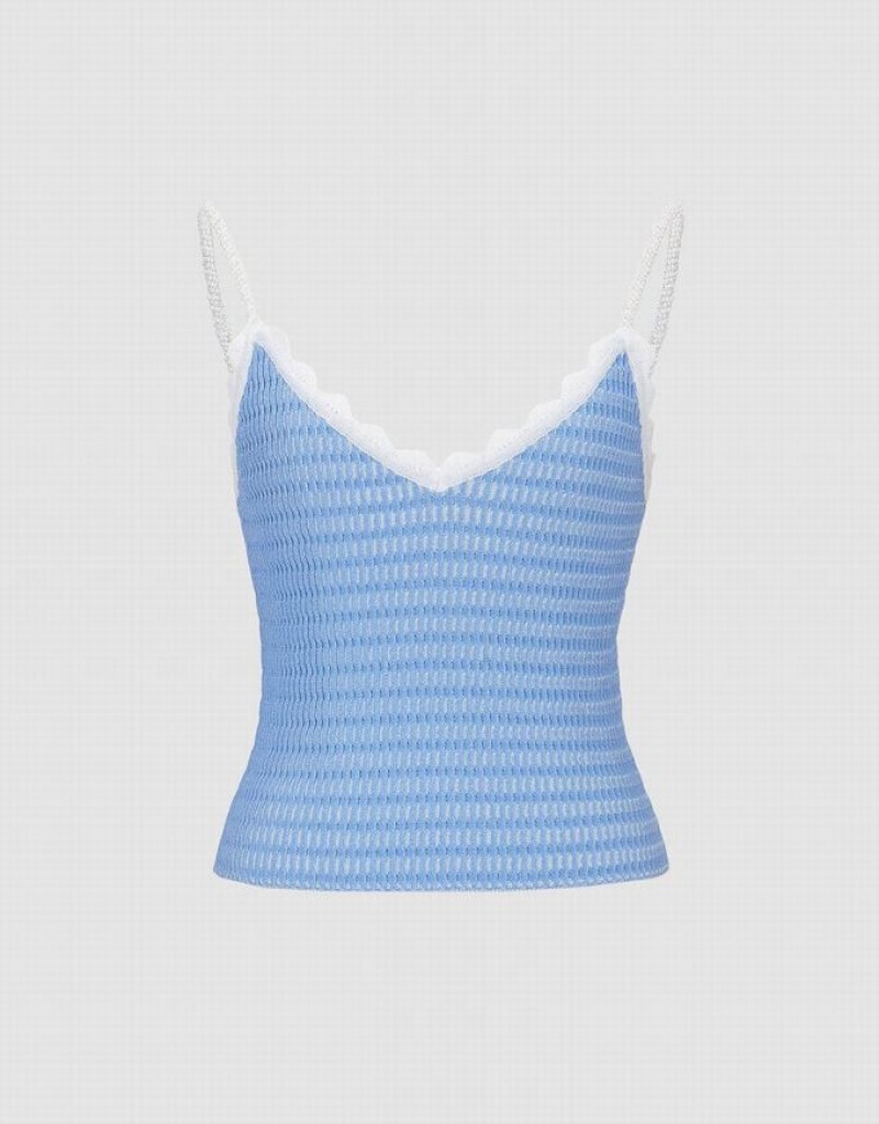 Blue Urban Revivo V Neck Knitted Women\'s Camisole | 73254SVQY