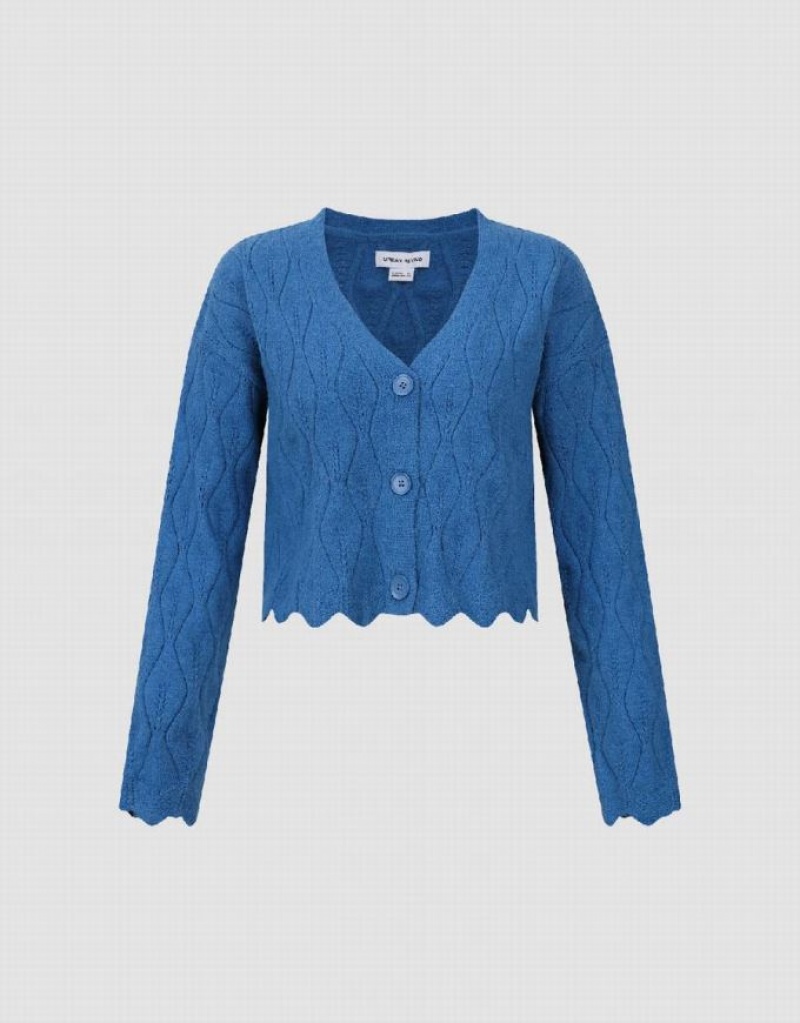 Blue Urban Revivo Wave Trim V-Neck Knitted Women's Cardigan | 87629XOMF