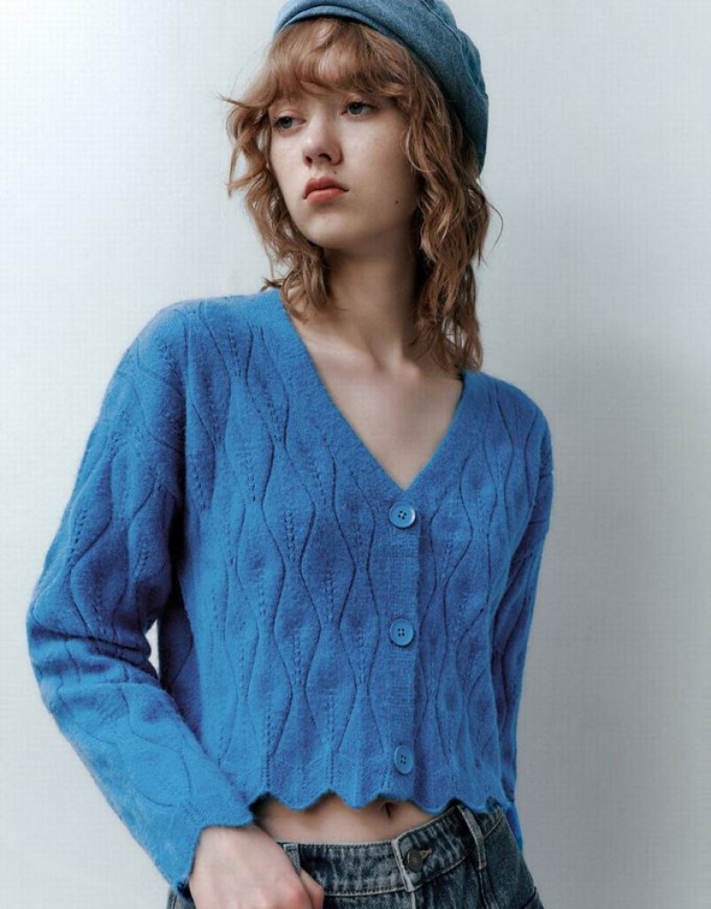 Blue Urban Revivo Wave Trim V-Neck Knitted Women's Cardigan | 87629XOMF