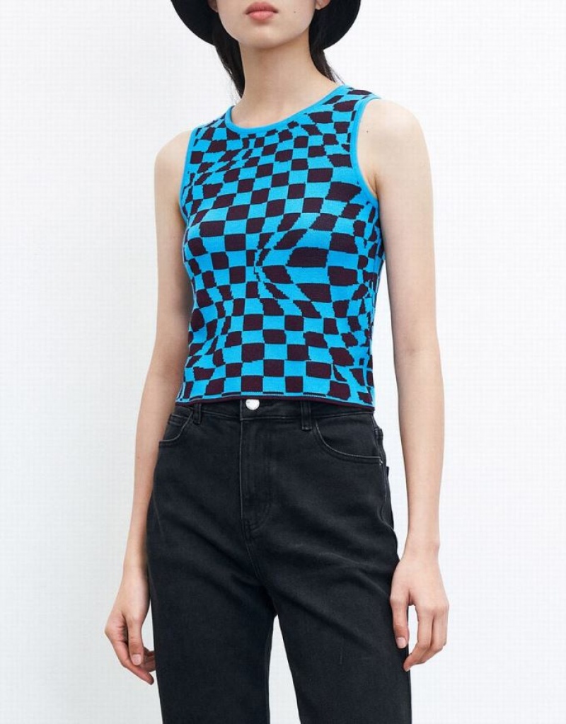 Blue Urban Revivo Wavy Checkered Knitted Women's Tank Top | 23498JKVT