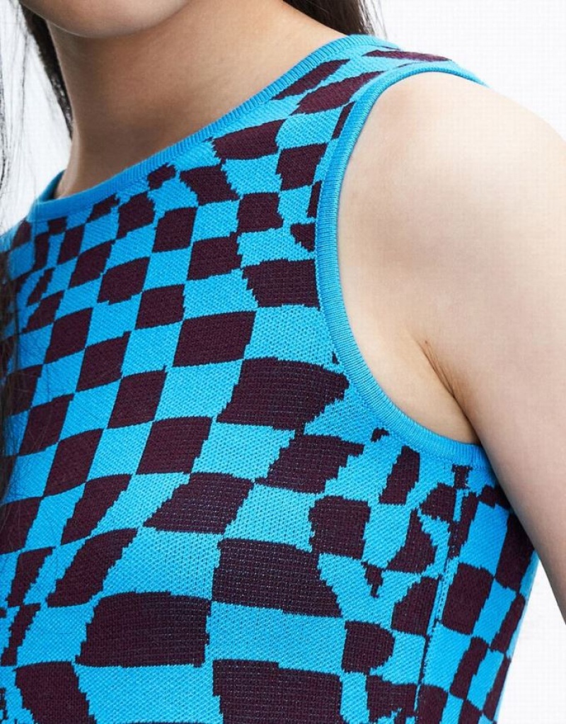 Blue Urban Revivo Wavy Checkered Knitted Women's Tank Top | 23498JKVT