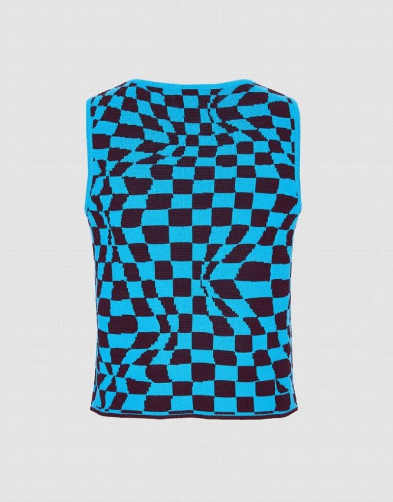 Blue Urban Revivo Wavy Checkered Knitted Women's Tank Top | 23498JKVT