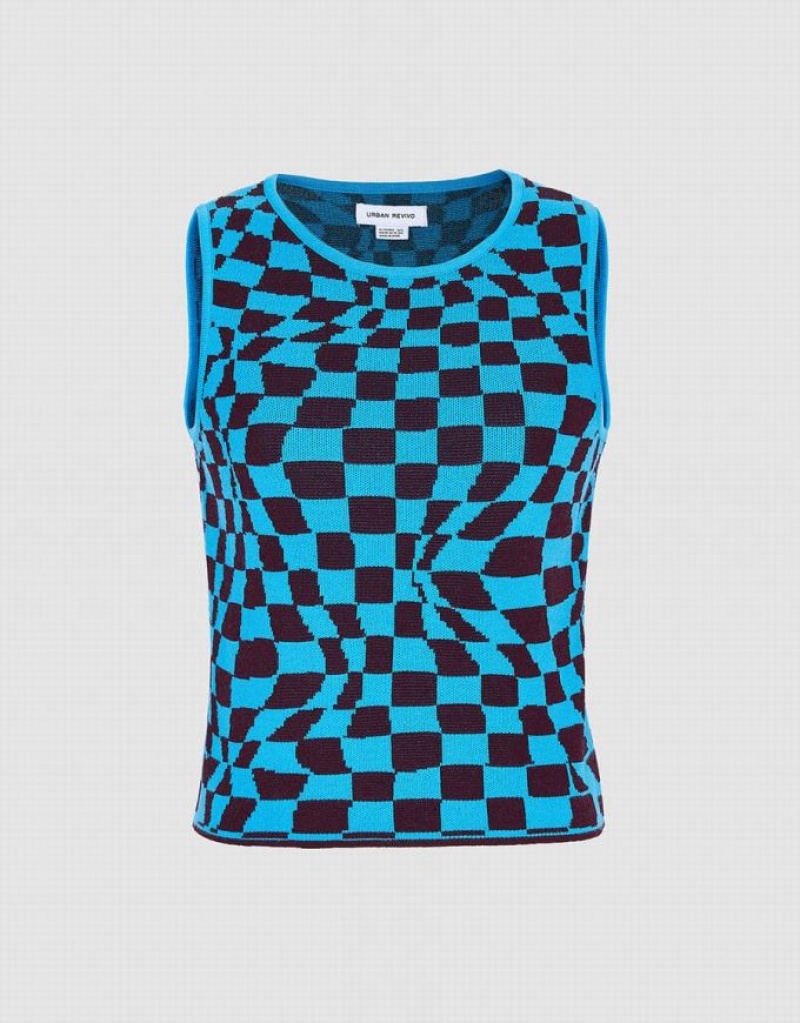 Blue Urban Revivo Wavy Checkered Knitted Women\'s Tank Top | 23498JKVT