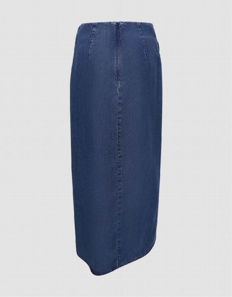 Blue Urban Revivo Wrapped Straight Midi Women's Denim Skirt | 83127WAQL