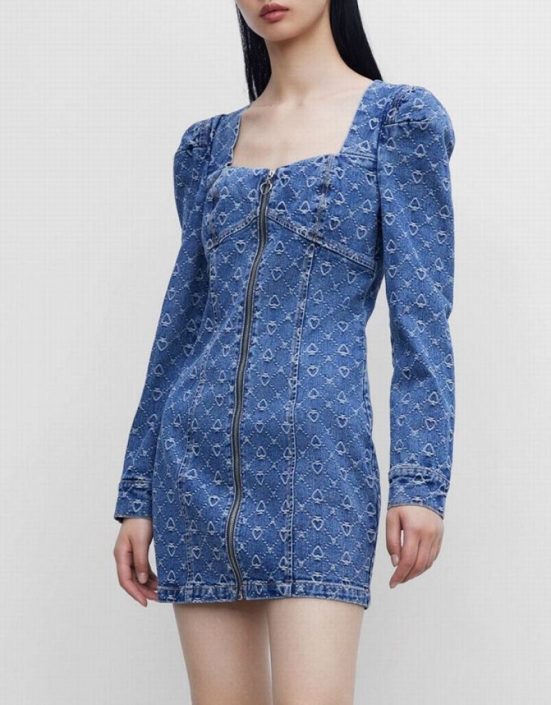 Blue Urban Revivo Zip Front Puff Sleeve Women's Denim Dress | 61908WPCF