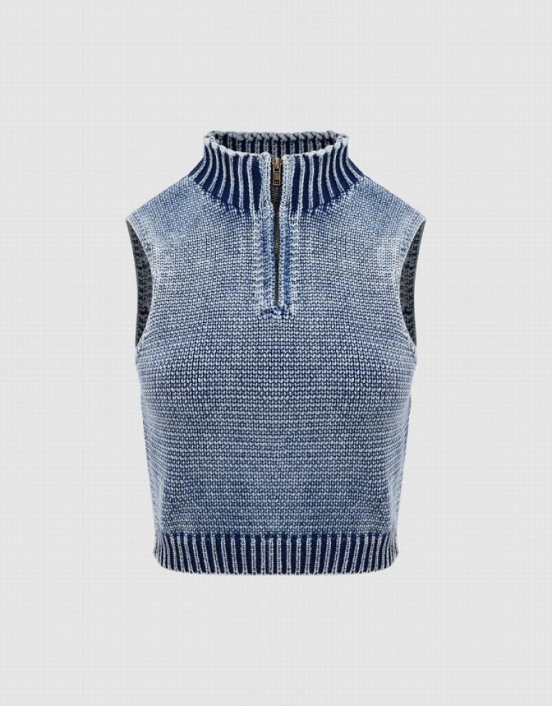 Blue Urban Revivo Zip Half Placket Knitted Women's Cardigan | 76109FKUE