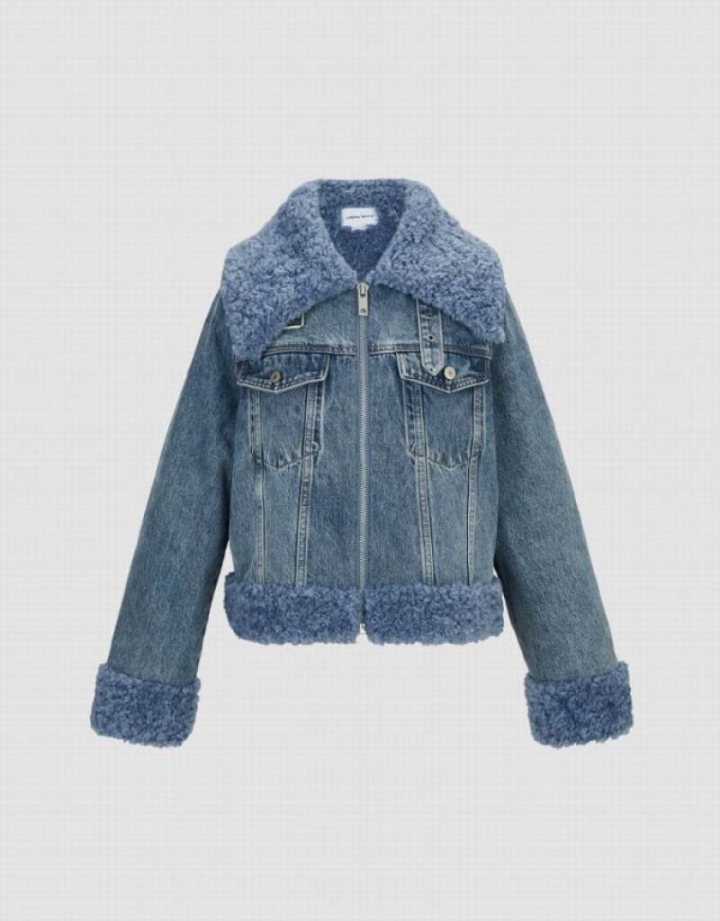 Blue Urban Revivo Zipper Front Furry Women's Denim Jackets | 65742XNUM