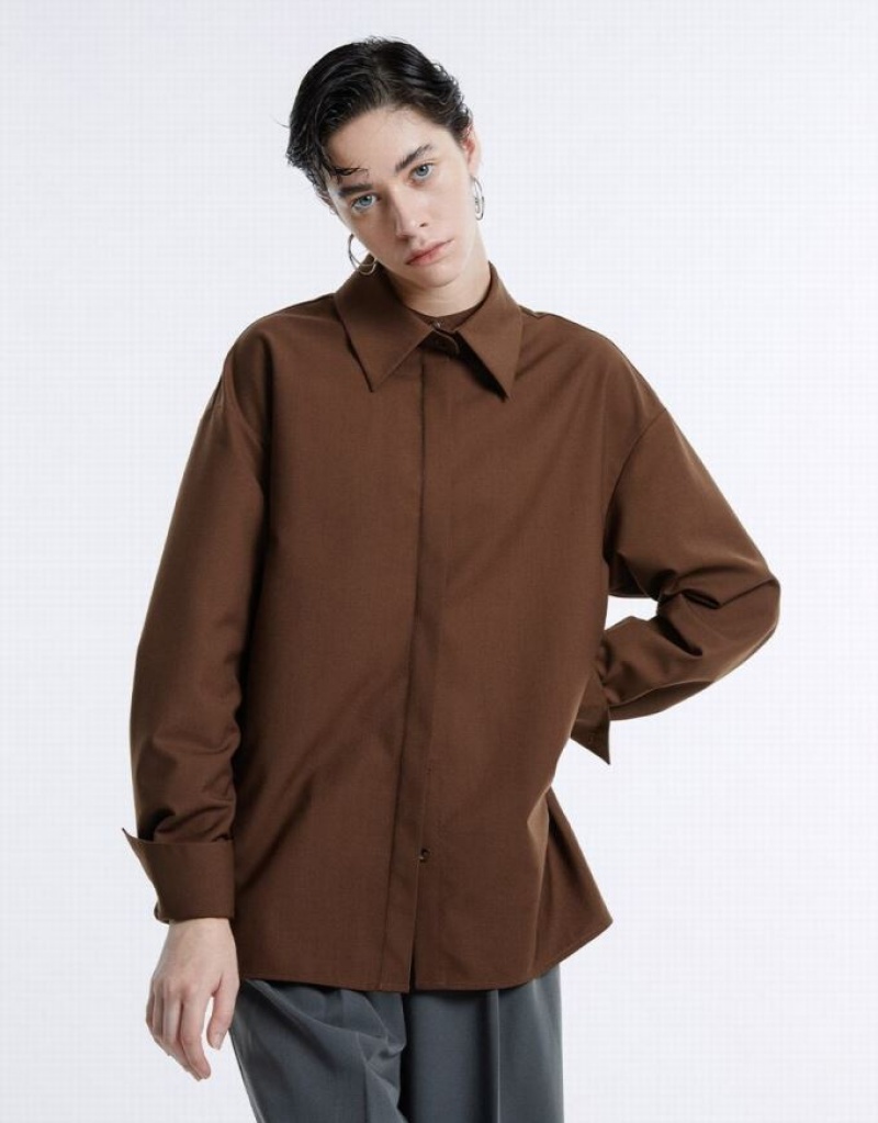 Brown Urban Revivo Basic Button Up Women's Shirts | 10589JNSM