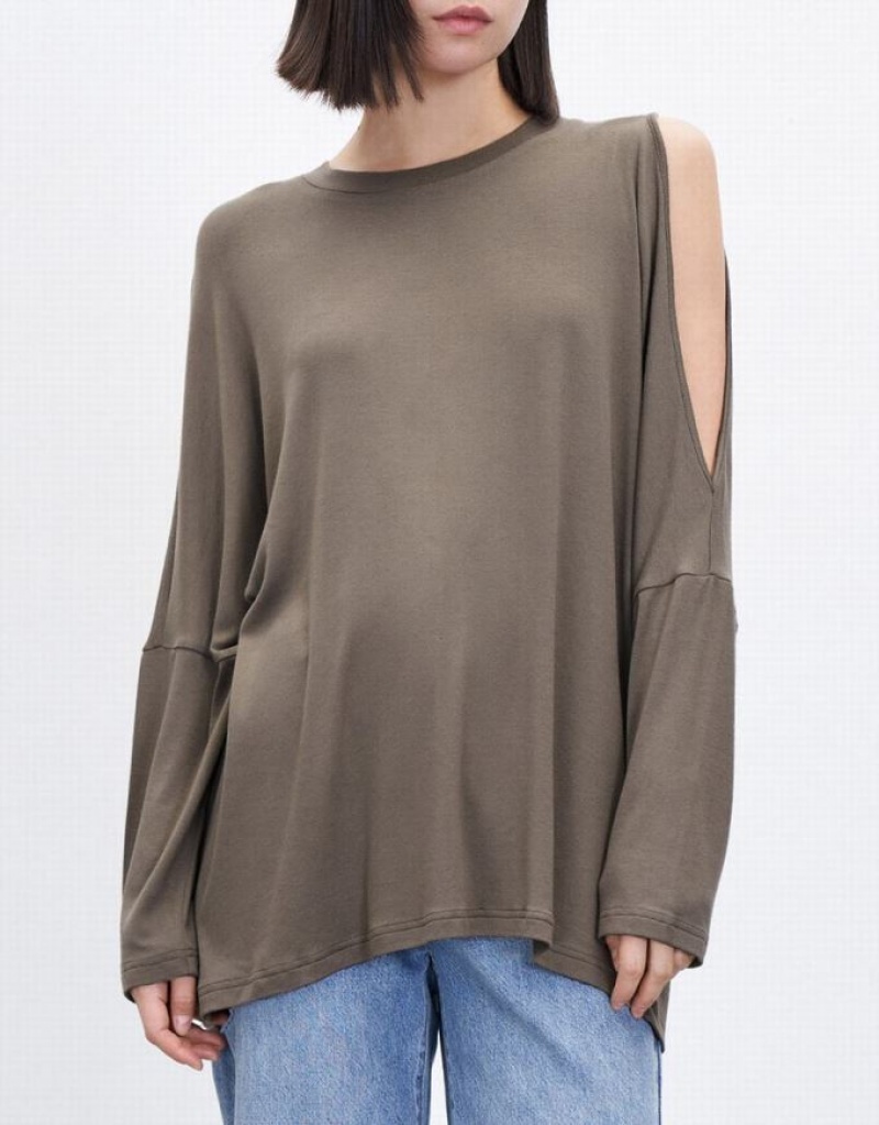 Brown Urban Revivo Boxy Long Sleeve Women's T-Shirts | 38241NHLF