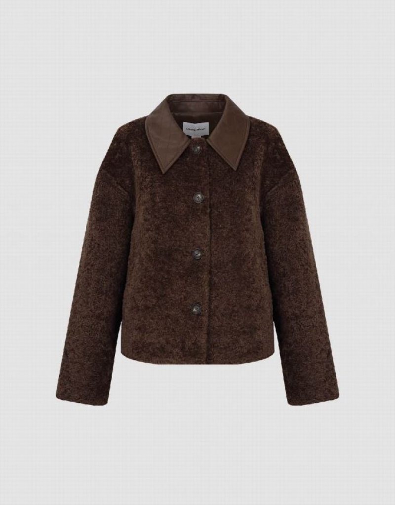 Brown Urban Revivo Button Up Furry Women's Coats | 07634QZJC